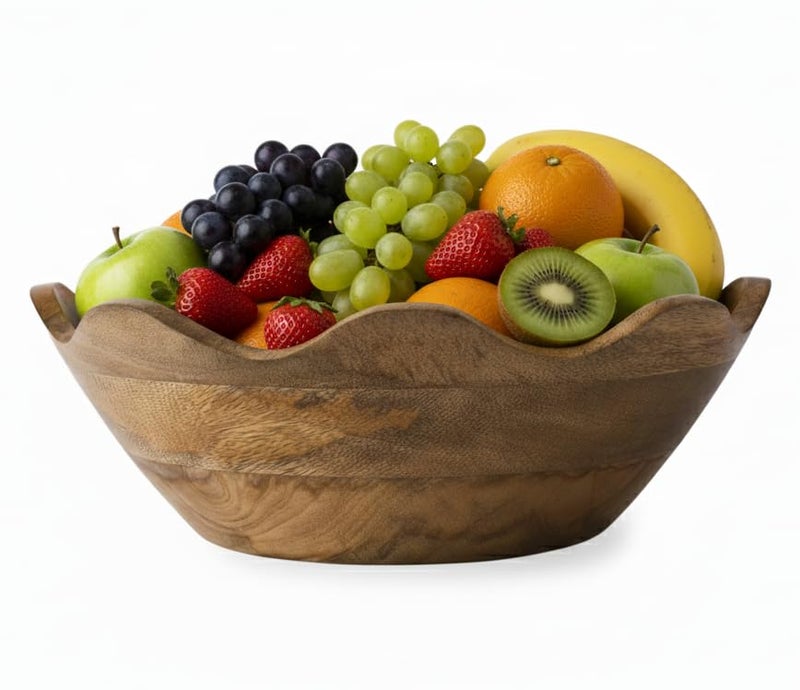 Mela Artisans Scalloped Decorative Wooden Bowl | 12 Inch Mango Wood Fruit & Serving Bowl | Natural Grain Finish | For Kitchen Counter | Snacks | Desserts | Bread | Handcrafted Home Decor - Image 1